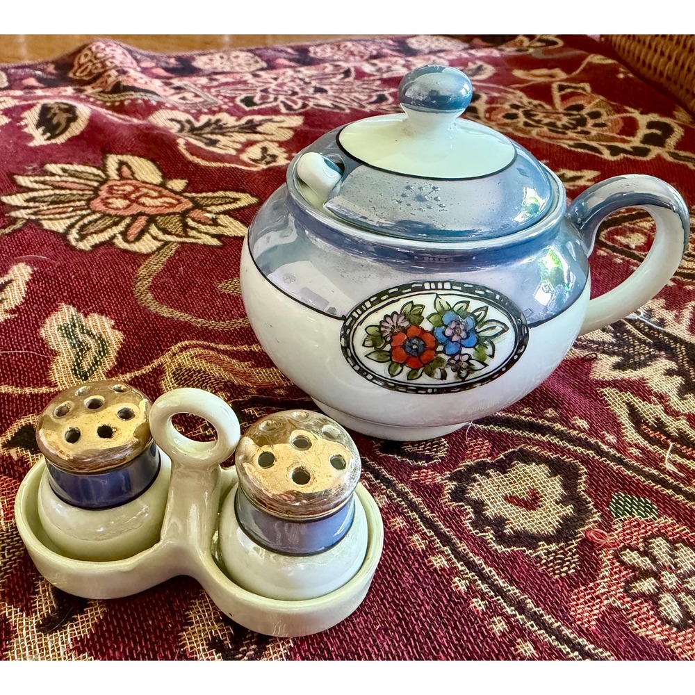 Noritake Lusterware Condiment Set, Hand Painted Mustard Pot, Shakers Caddy